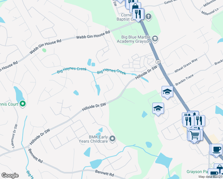 map of restaurants, bars, coffee shops, grocery stores, and more near 1103 Tranquil Lake Drive in Grayson