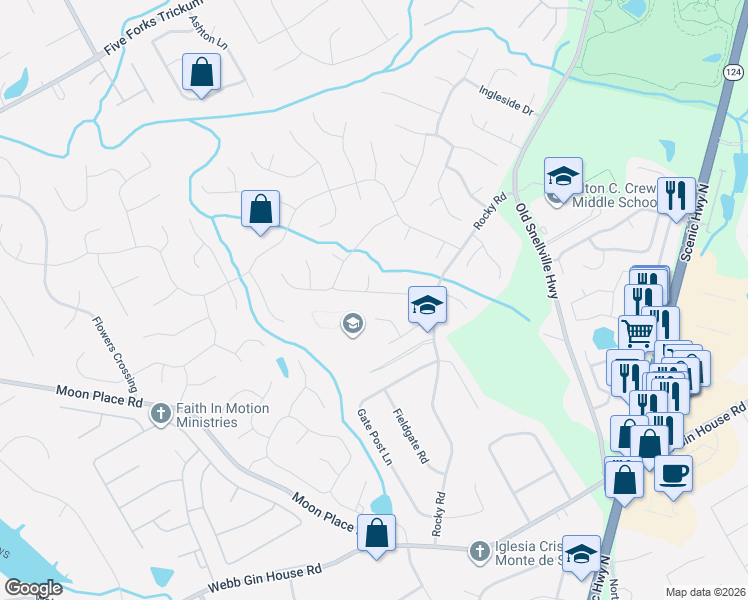 map of restaurants, bars, coffee shops, grocery stores, and more near 1494 Radstone Drive Southwest in Lawrenceville
