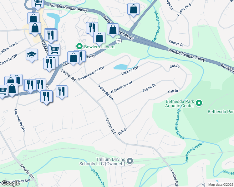 map of restaurants, bars, coffee shops, grocery stores, and more near 3454 North Creekview Drive in Lawrenceville
