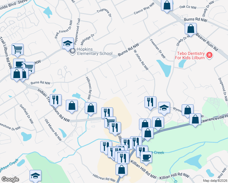 map of restaurants, bars, coffee shops, grocery stores, and more near 4687 Mossy Lane Northwest in Lilburn