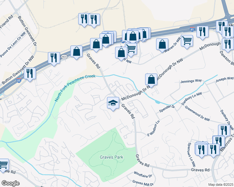 map of restaurants, bars, coffee shops, grocery stores, and more near 105 Olde Mill Lane in Norcross