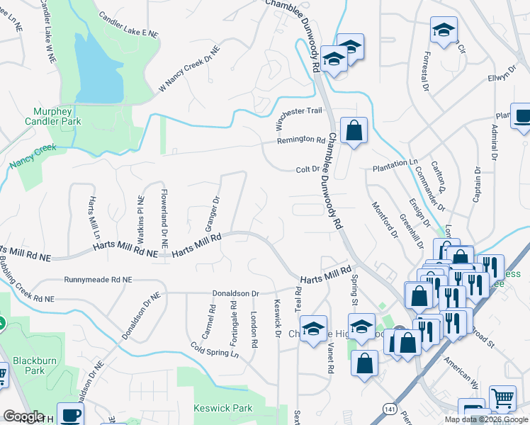 map of restaurants, bars, coffee shops, grocery stores, and more near 3822 Sidestreet Circle in Atlanta