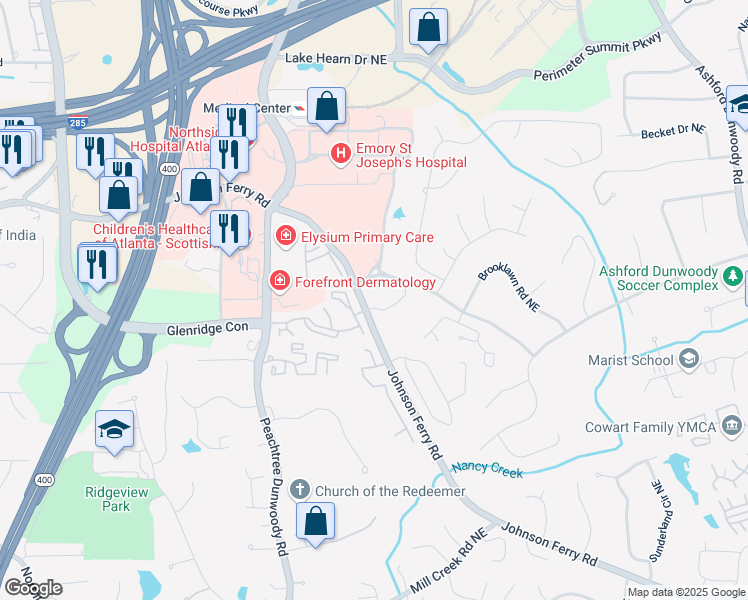 map of restaurants, bars, coffee shops, grocery stores, and more near 1195 Old Johnson Ferry Road Northeast in Atlanta