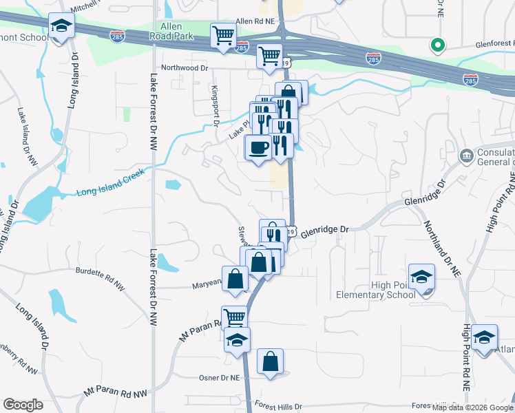 map of restaurants, bars, coffee shops, grocery stores, and more near 174 Meeting Lane in Atlanta