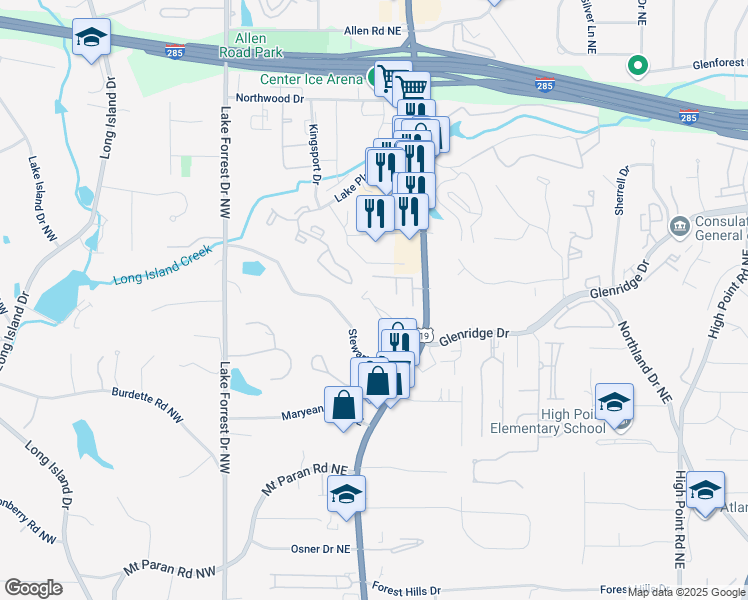 map of restaurants, bars, coffee shops, grocery stores, and more near 174 Meeting Lane in Atlanta