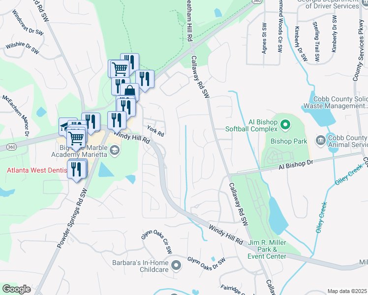 map of restaurants, bars, coffee shops, grocery stores, and more near 2093 Kolb Ridge Court Southwest in Marietta