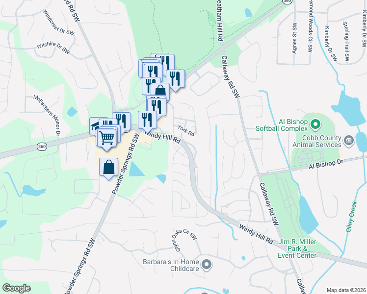 map of restaurants, bars, coffee shops, grocery stores, and more near 257 Eastgate Circle Southwest in Marietta