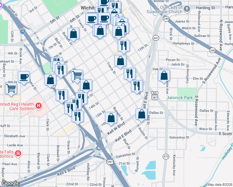 map of restaurants, bars, coffee shops, grocery stores, and more near in Wichita Falls