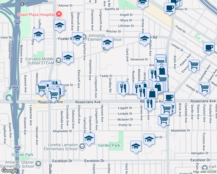 map of restaurants, bars, coffee shops, grocery stores, and more near 11334 Crestbrook Street in Norwalk