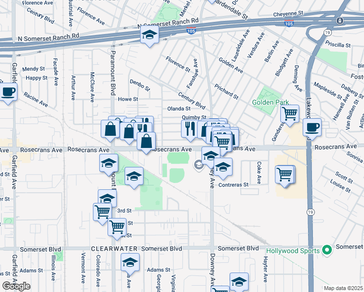 map of restaurants, bars, coffee shops, grocery stores, and more near 8329 Wilbarn Street in Paramount