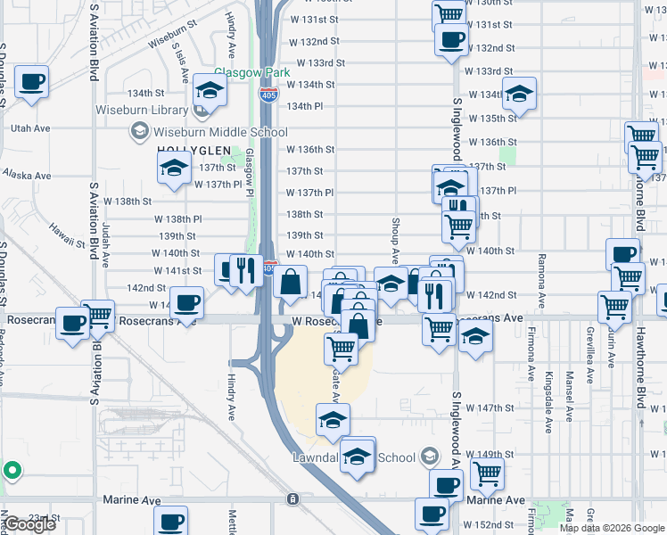 map of restaurants, bars, coffee shops, grocery stores, and more near 5021 West 140th Street in Hawthorne