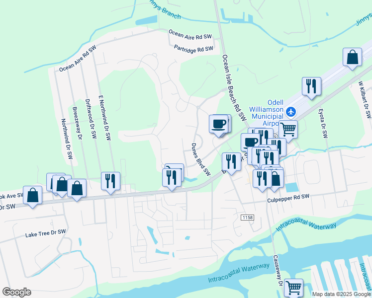 map of restaurants, bars, coffee shops, grocery stores, and more near 1444 Dunes Boulevard Southwest in Ocean Isle Beach