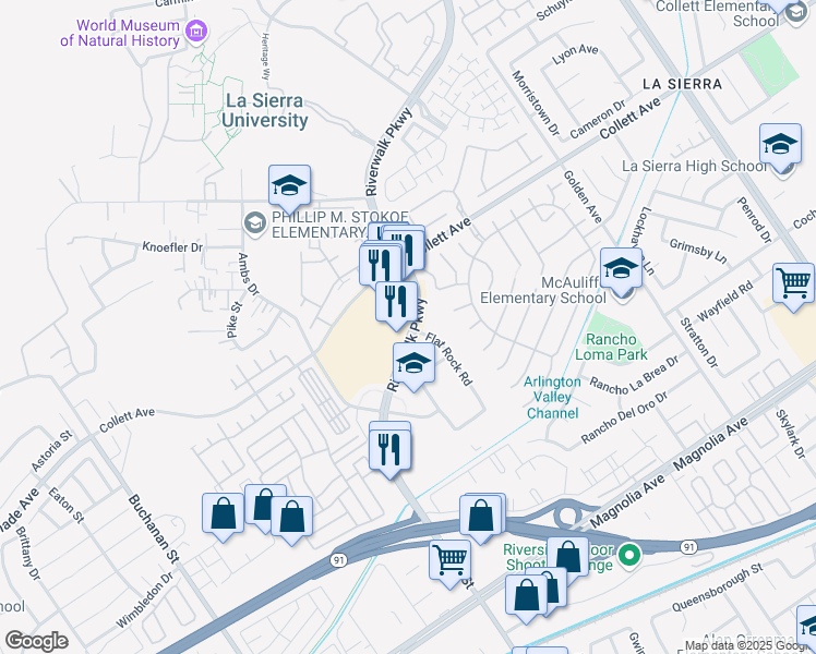 map of restaurants, bars, coffee shops, grocery stores, and more near 4199 Flat Rock Road in Riverside