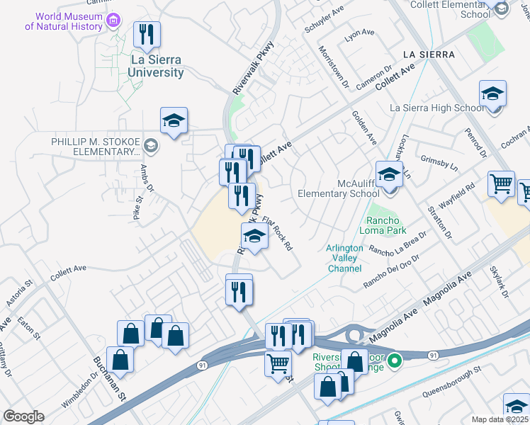 map of restaurants, bars, coffee shops, grocery stores, and more near 4193 Flat Rock Road in Riverside