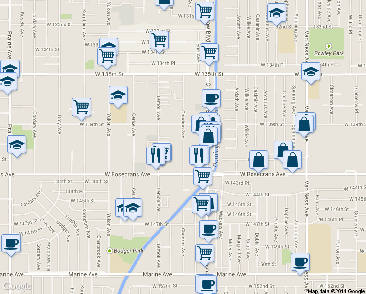 map of restaurants, bars, coffee shops, grocery stores, and more near 14001 Chadron Avenue in Hawthorne
