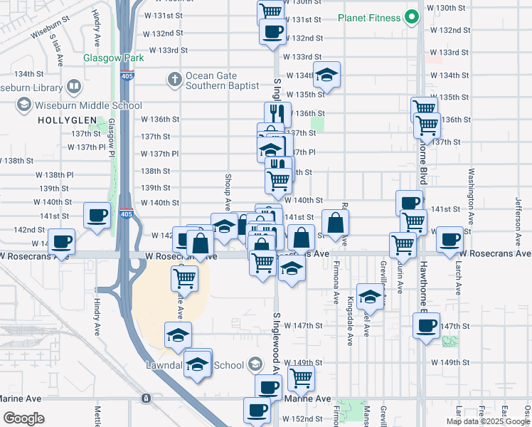 map of restaurants, bars, coffee shops, grocery stores, and more near 4817 West 140th Street in Hawthorne