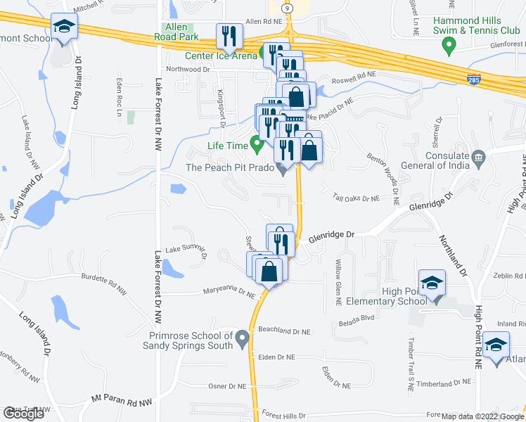 map of restaurants, bars, coffee shops, grocery stores, and more near 174 Meeting Lane in Atlanta