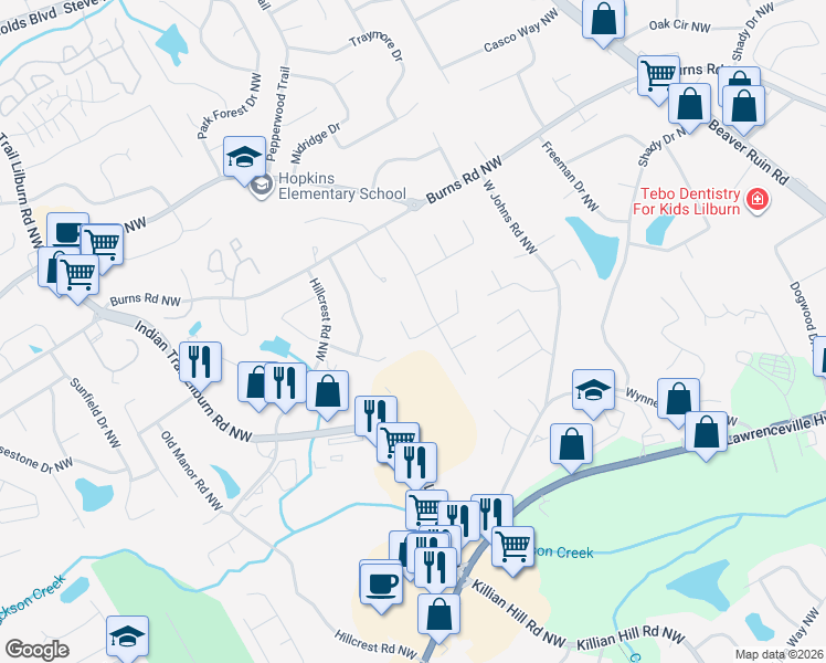 map of restaurants, bars, coffee shops, grocery stores, and more near 4687 Mossy Lane Northwest in Lilburn