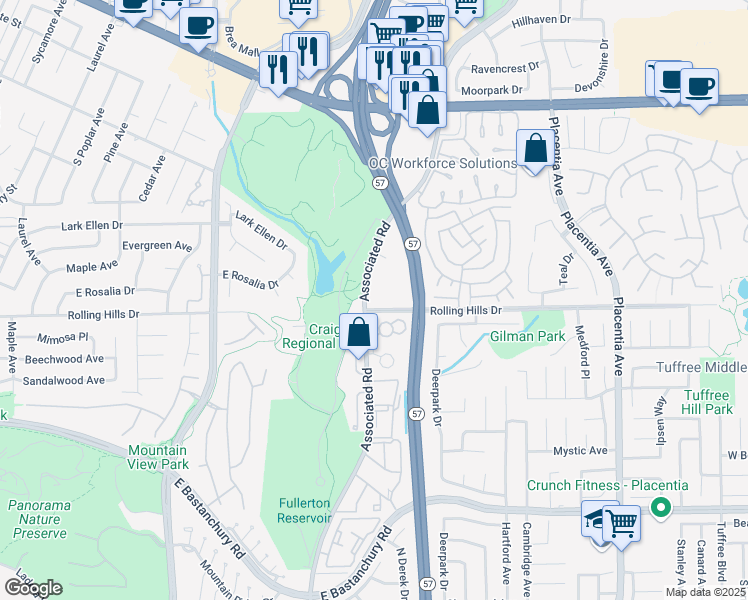 map of restaurants, bars, coffee shops, grocery stores, and more near 3000 Associated Road in Fullerton