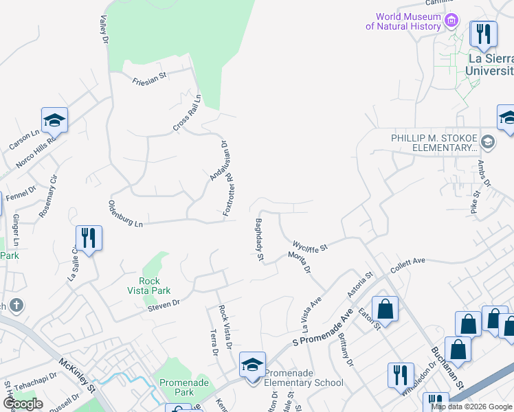 map of restaurants, bars, coffee shops, grocery stores, and more near 896 Baghdady Street in Corona