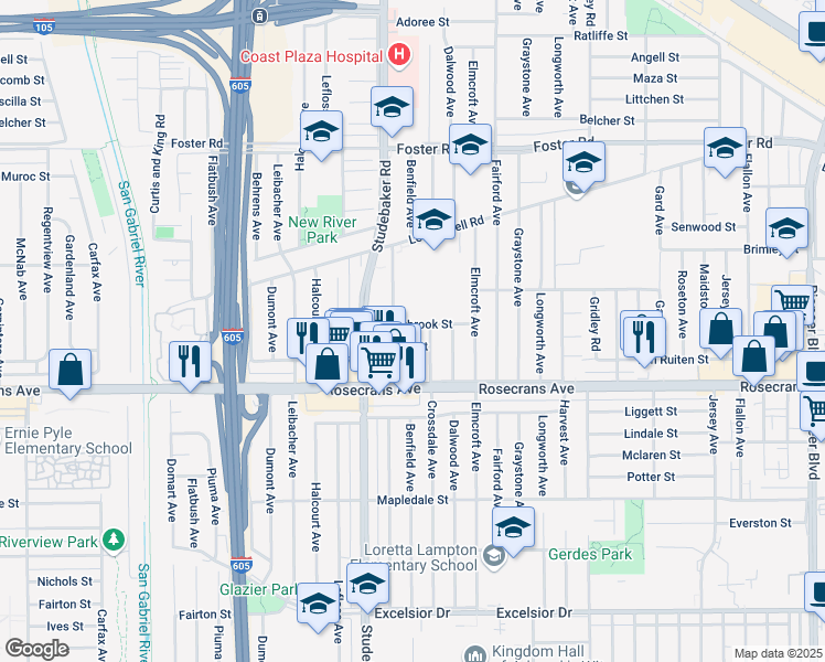 map of restaurants, bars, coffee shops, grocery stores, and more near 11057 Crestbrook Street in Norwalk
