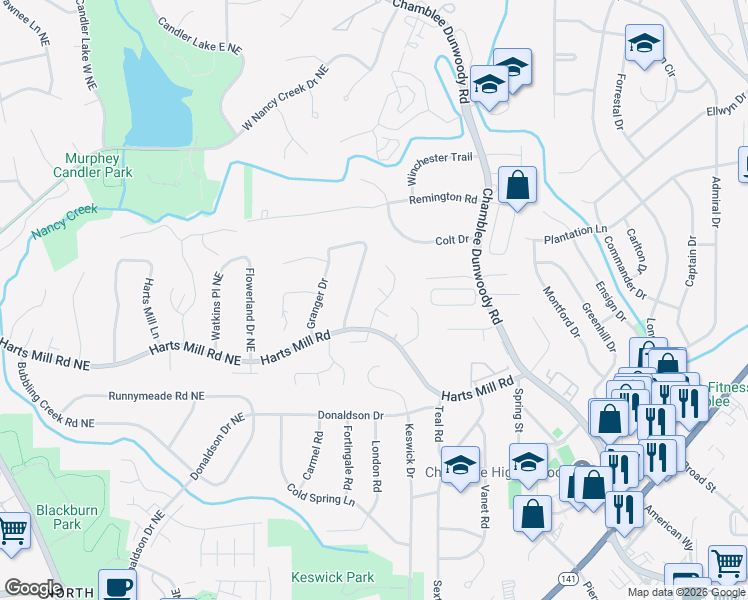 map of restaurants, bars, coffee shops, grocery stores, and more near 3956 Granger Drive in Chamblee
