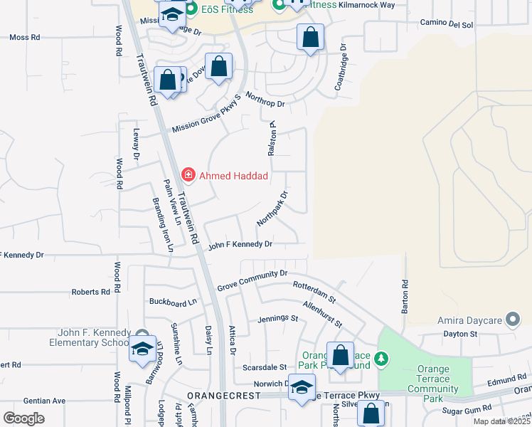 map of restaurants, bars, coffee shops, grocery stores, and more near 8123 Northpark Drive in Riverside