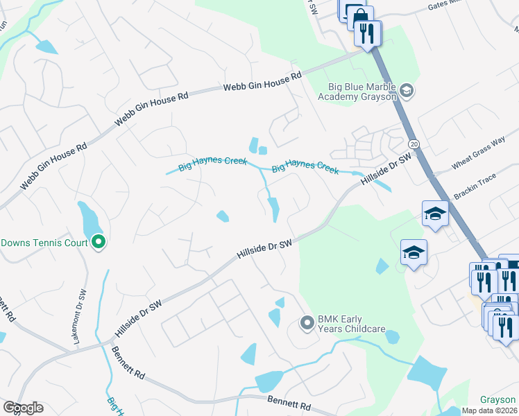 map of restaurants, bars, coffee shops, grocery stores, and more near 1156 Blue Sail Avenue in Grayson