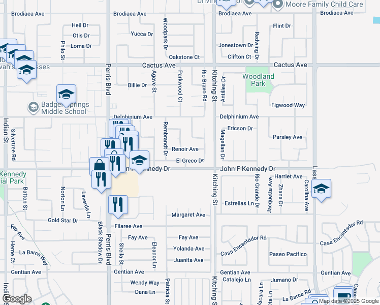 map of restaurants, bars, coffee shops, grocery stores, and more near 25387 Renoir Avenue in Moreno Valley