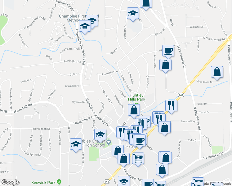 map of restaurants, bars, coffee shops, grocery stores, and more near 3807 Greenhill Drive in Chamblee