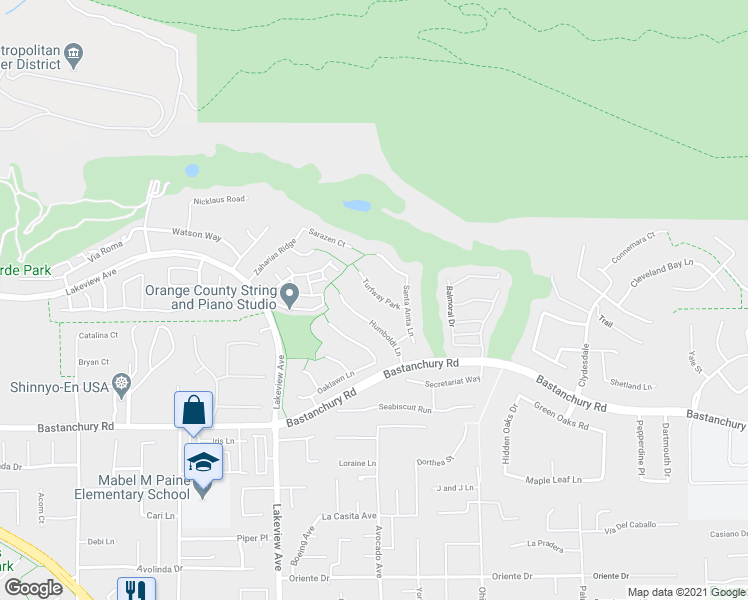 map of restaurants, bars, coffee shops, grocery stores, and more near 18742 Turfway Park in Yorba Linda