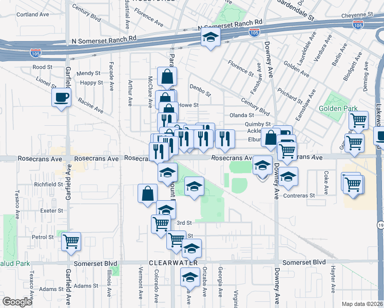 map of restaurants, bars, coffee shops, grocery stores, and more near 8043 Rosecrans Avenue in Paramount