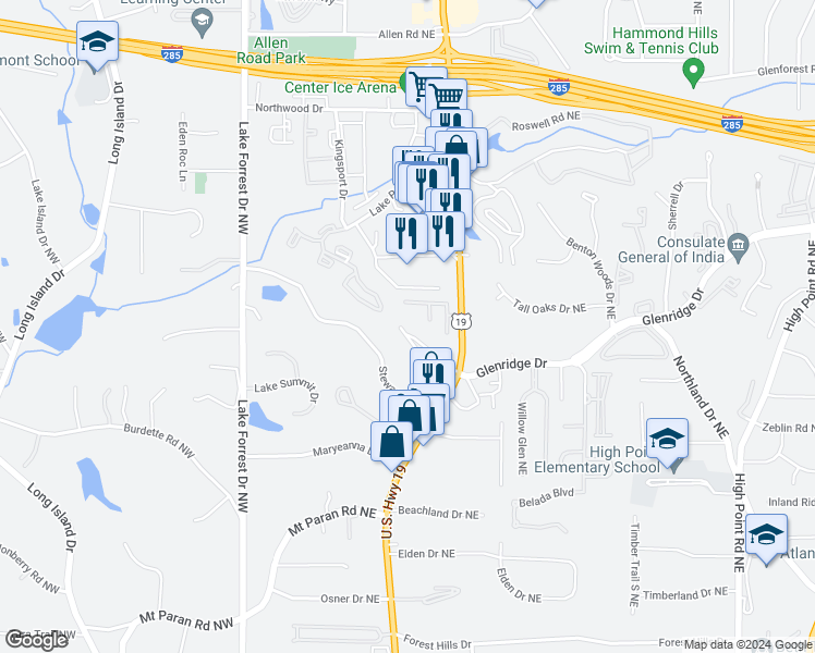 map of restaurants, bars, coffee shops, grocery stores, and more near 174 Meeting Lane in Atlanta