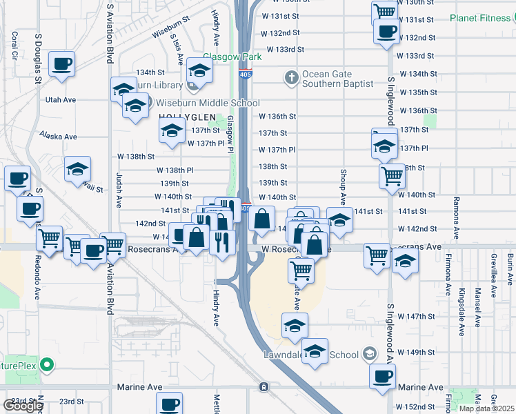 map of restaurants, bars, coffee shops, grocery stores, and more near 5173 West 140th Street in Hawthorne
