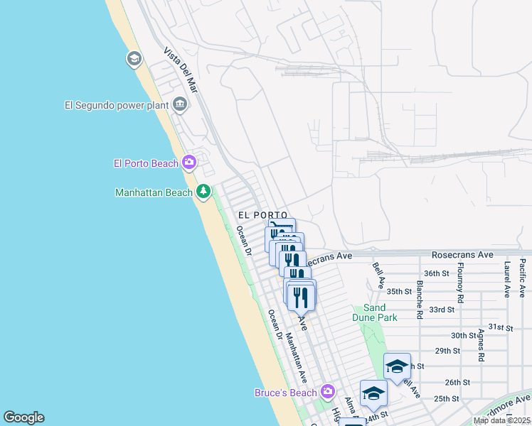 map of restaurants, bars, coffee shops, grocery stores, and more near 317 Moonstone Street in Manhattan Beach