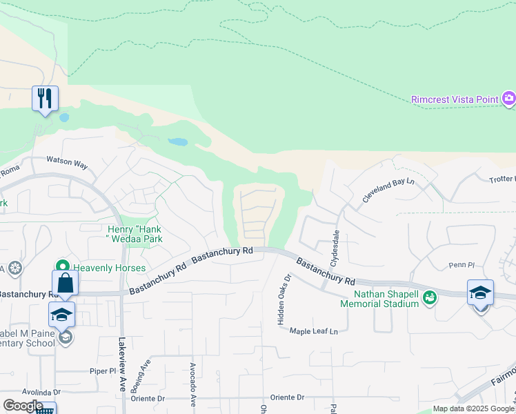 map of restaurants, bars, coffee shops, grocery stores, and more near 18955 Pelham Way in Yorba Linda
