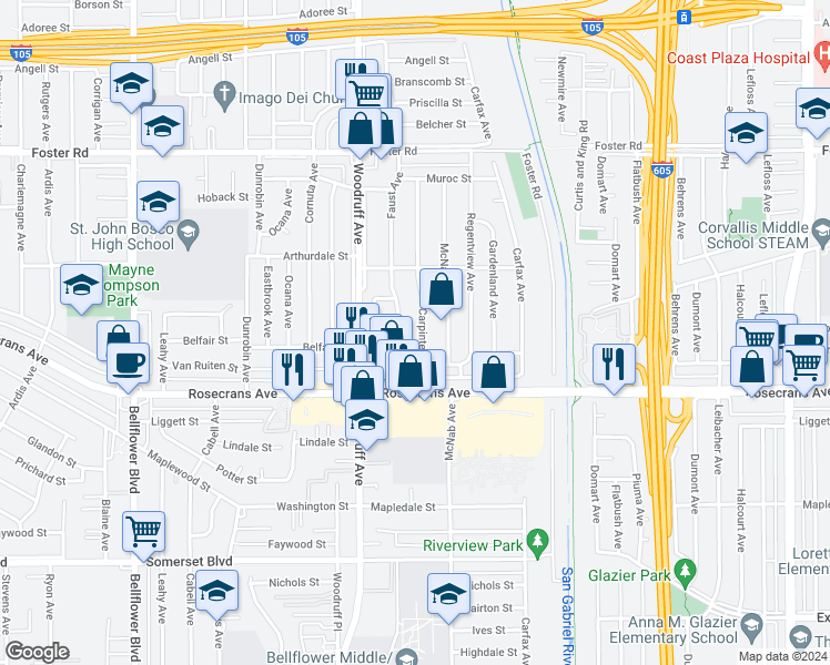map of restaurants, bars, coffee shops, grocery stores, and more near 13933 Carpintero Avenue in Bellflower
