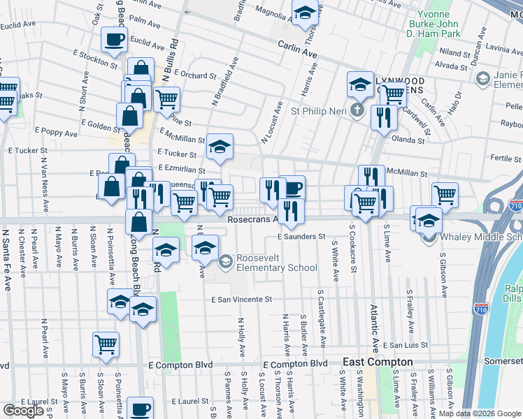 map of restaurants, bars, coffee shops, grocery stores, and more near 16 Manzanita Lane in Compton