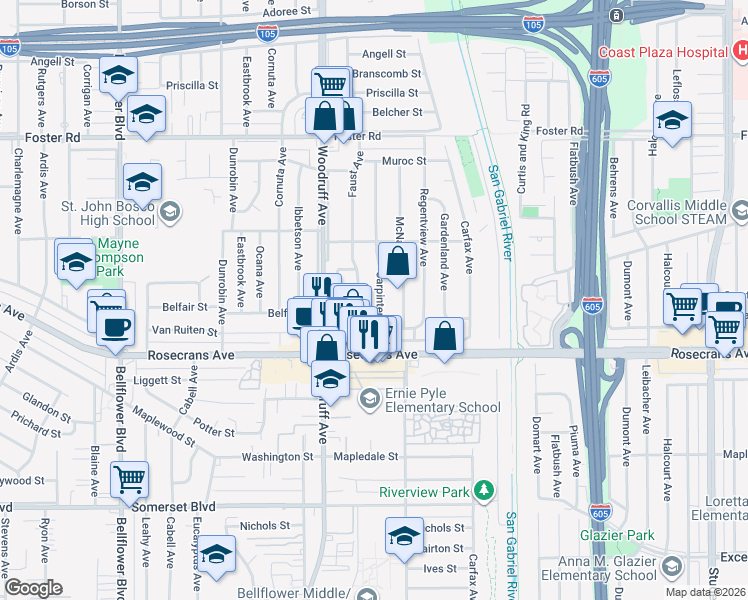 map of restaurants, bars, coffee shops, grocery stores, and more near 13933 Carpintero Avenue in Bellflower
