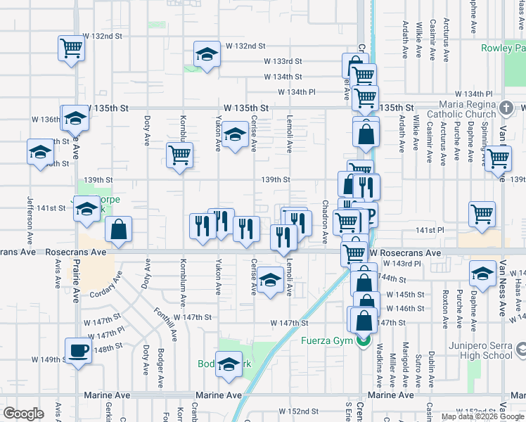 map of restaurants, bars, coffee shops, grocery stores, and more near 14002 Cerise Avenue in Hawthorne