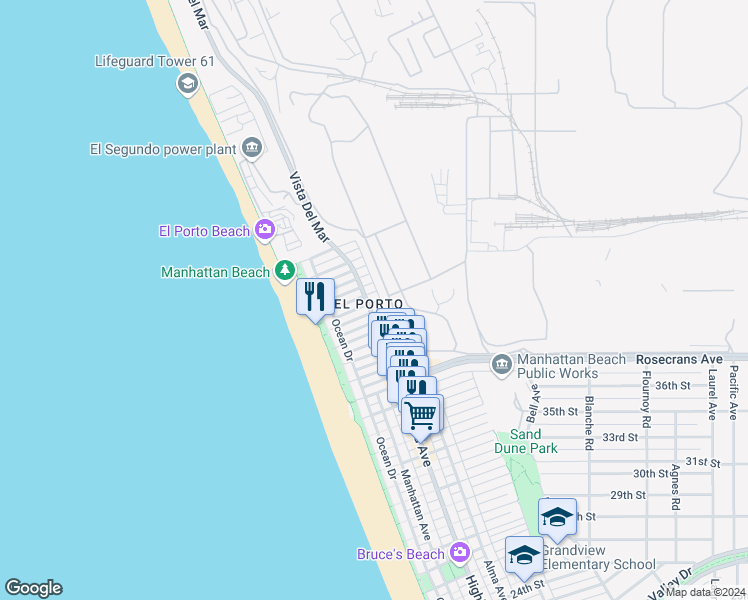 map of restaurants, bars, coffee shops, grocery stores, and more near 317 Moonstone Street in Manhattan Beach