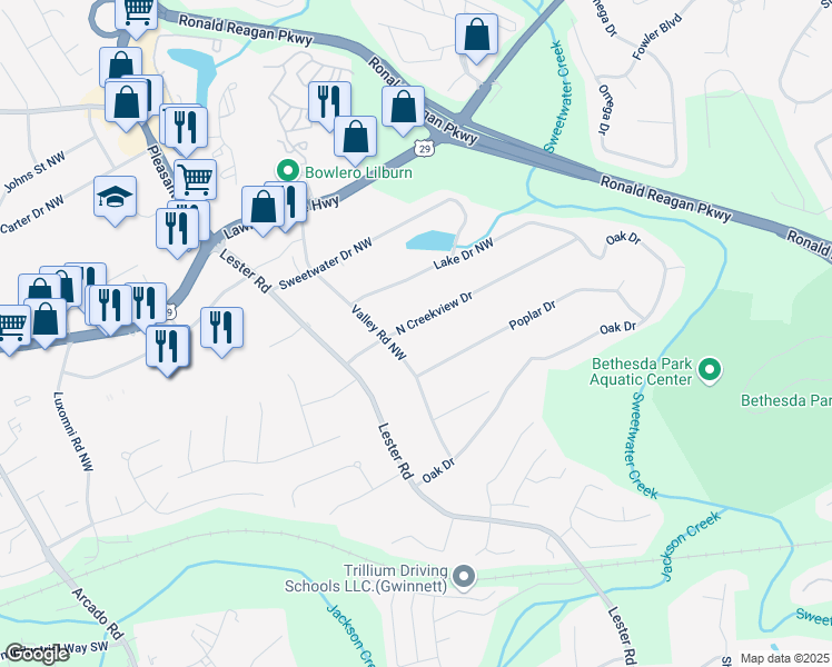map of restaurants, bars, coffee shops, grocery stores, and more near 3454 North Creekview Drive in Lawrenceville
