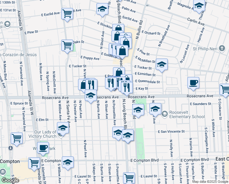 map of restaurants, bars, coffee shops, grocery stores, and more near 1203 North Long Beach Boulevard in Compton
