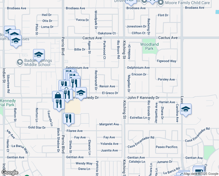 map of restaurants, bars, coffee shops, grocery stores, and more near 25387 Renoir Avenue in Moreno Valley