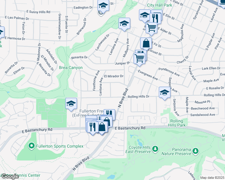 map of restaurants, bars, coffee shops, grocery stores, and more near 1048 San Antonio Avenue in Fullerton