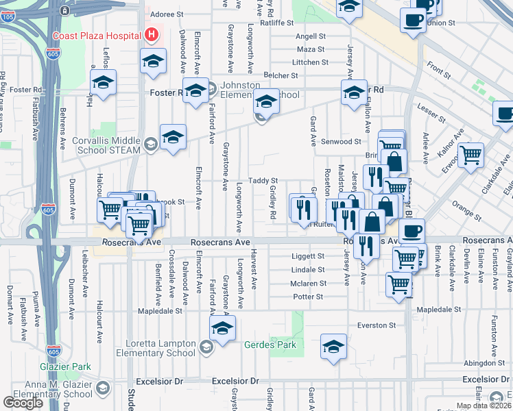map of restaurants, bars, coffee shops, grocery stores, and more near 11334 Crestbrook Street in Norwalk