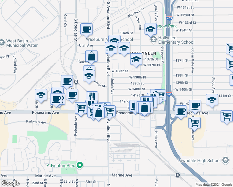 map of restaurants, bars, coffee shops, grocery stores, and more near 5531 West 141st Street in Hawthorne
