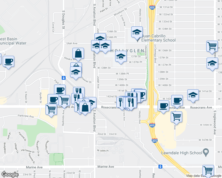 map of restaurants, bars, coffee shops, grocery stores, and more near 5447 West 141st Street in Hawthorne