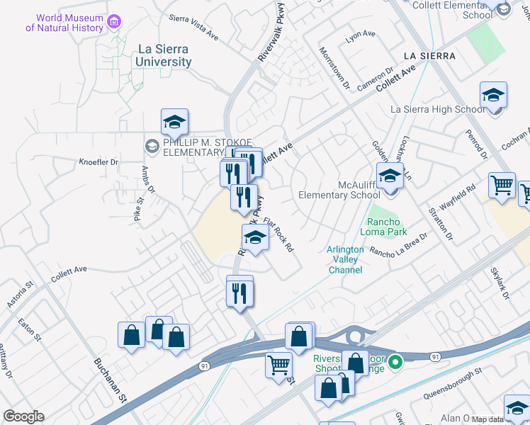 map of restaurants, bars, coffee shops, grocery stores, and more near 4193 Flat Rock Road in Riverside