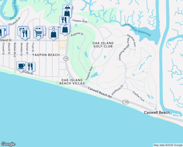 map of restaurants, bars, coffee shops, grocery stores, and more near 71 Yaupon Way in Oak Island